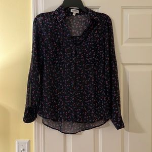 Express portofino shirt with flowers and birds, semi sheer, size small